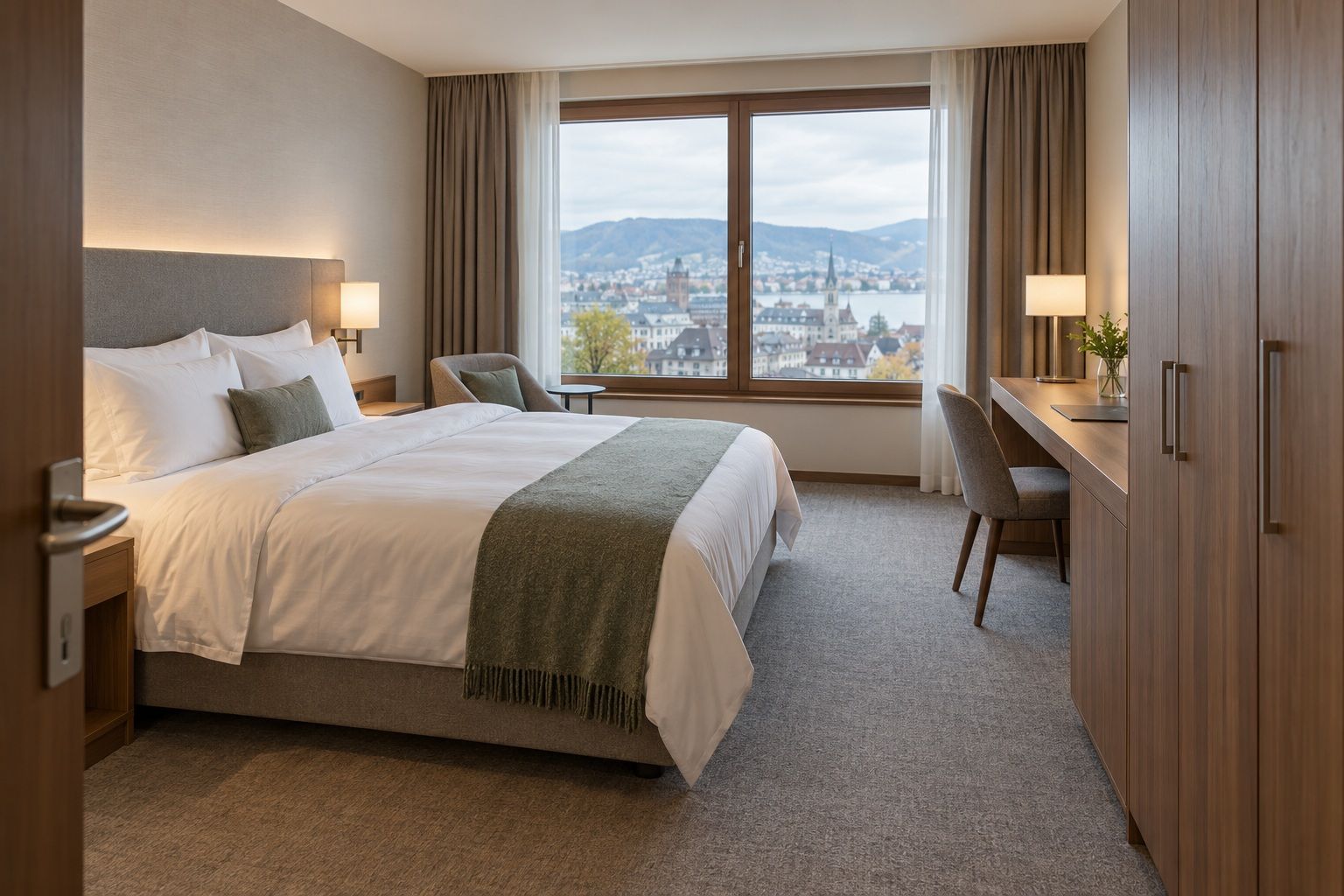 Hotelzimmer mit folierten Schrankfronten in Nussbaumoptik
