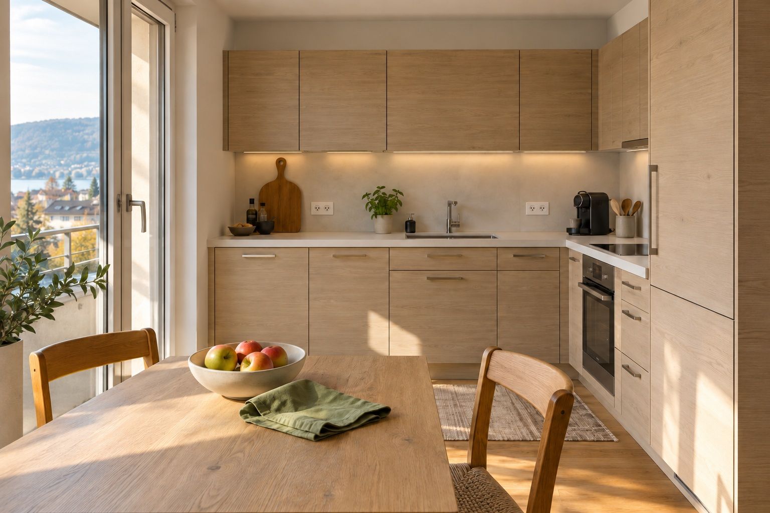 Küche in einer Wohnung nach der Folierung, helles Holz