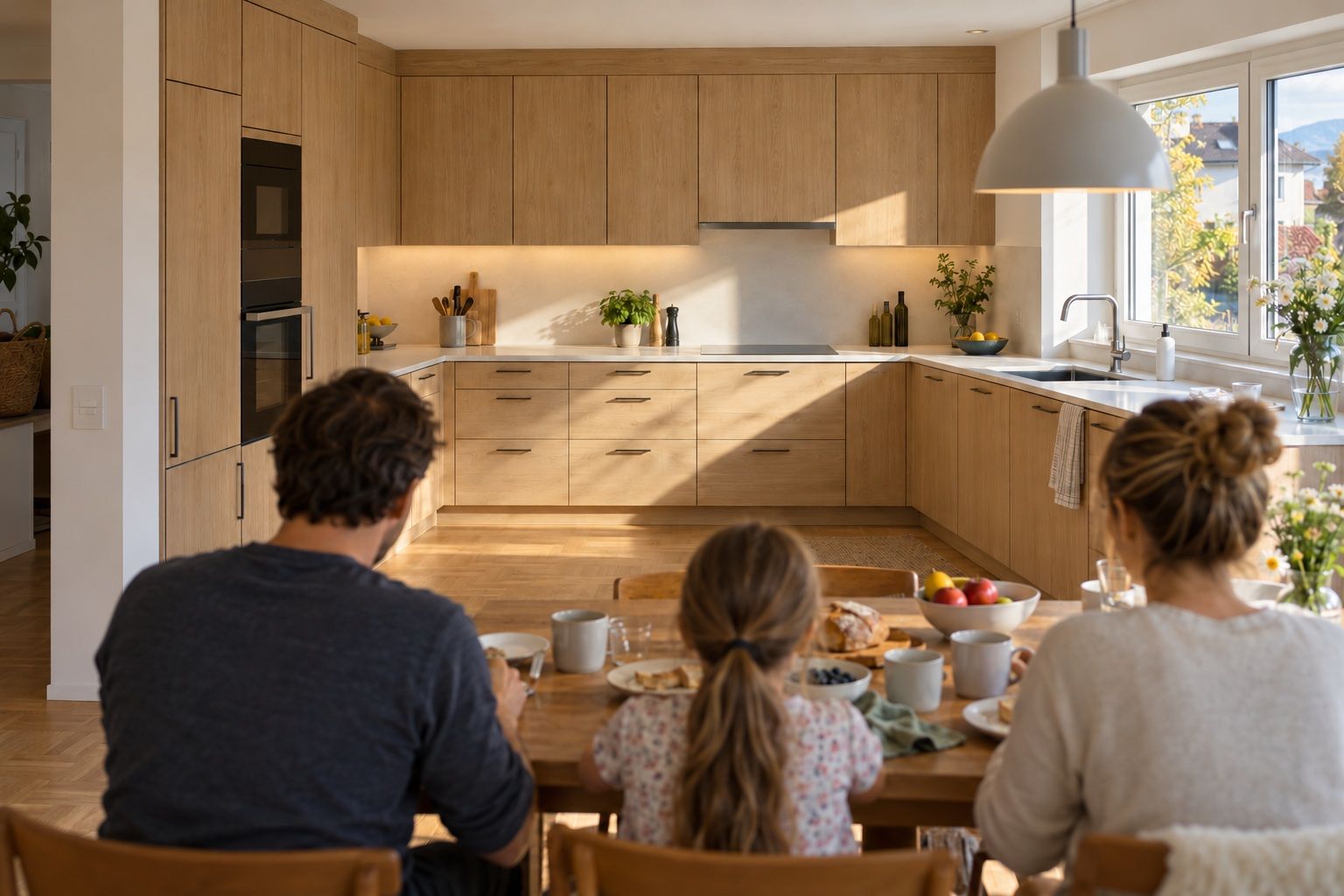 Wohnküche nach der Folierung, Familie am Tisch