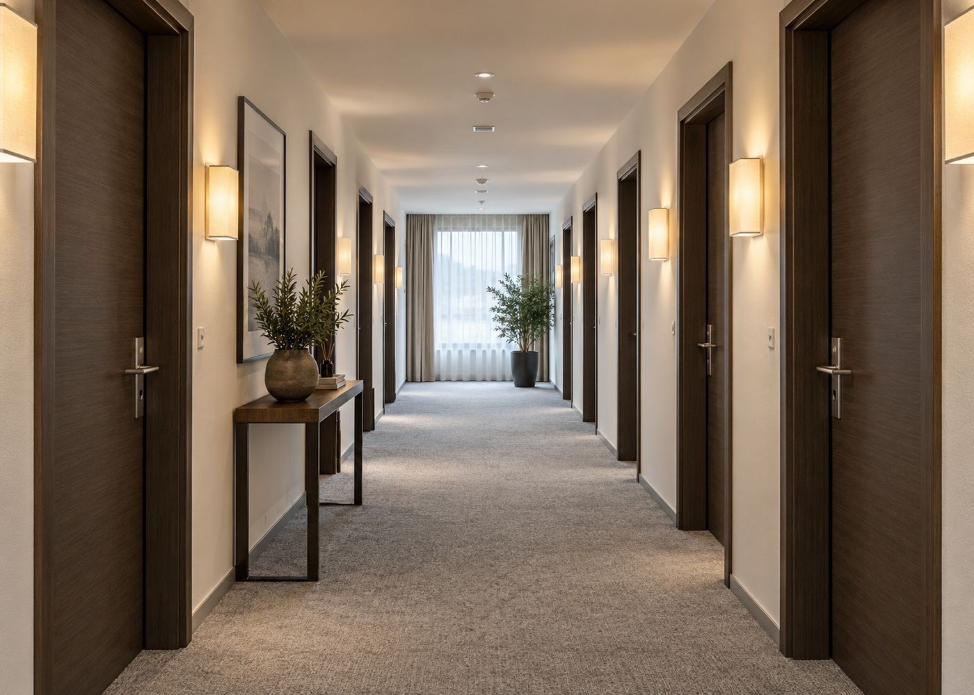 Hotelkorridor mit Zimmertüren und Zargen in dunkler Holzoptik foliert