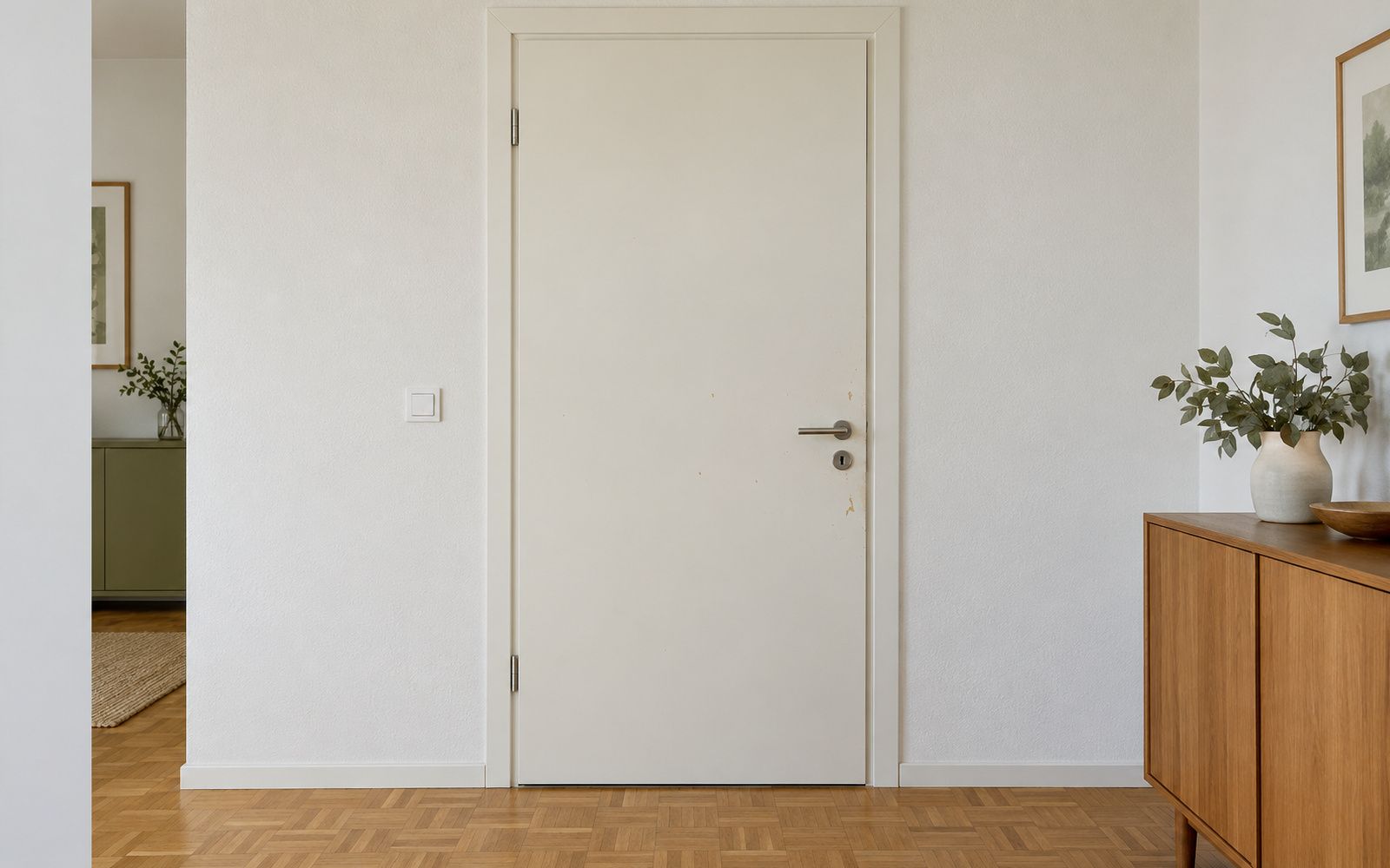 Zimmertür weiss lackiert mit weisser Zarge, Wohnung mit Parkett