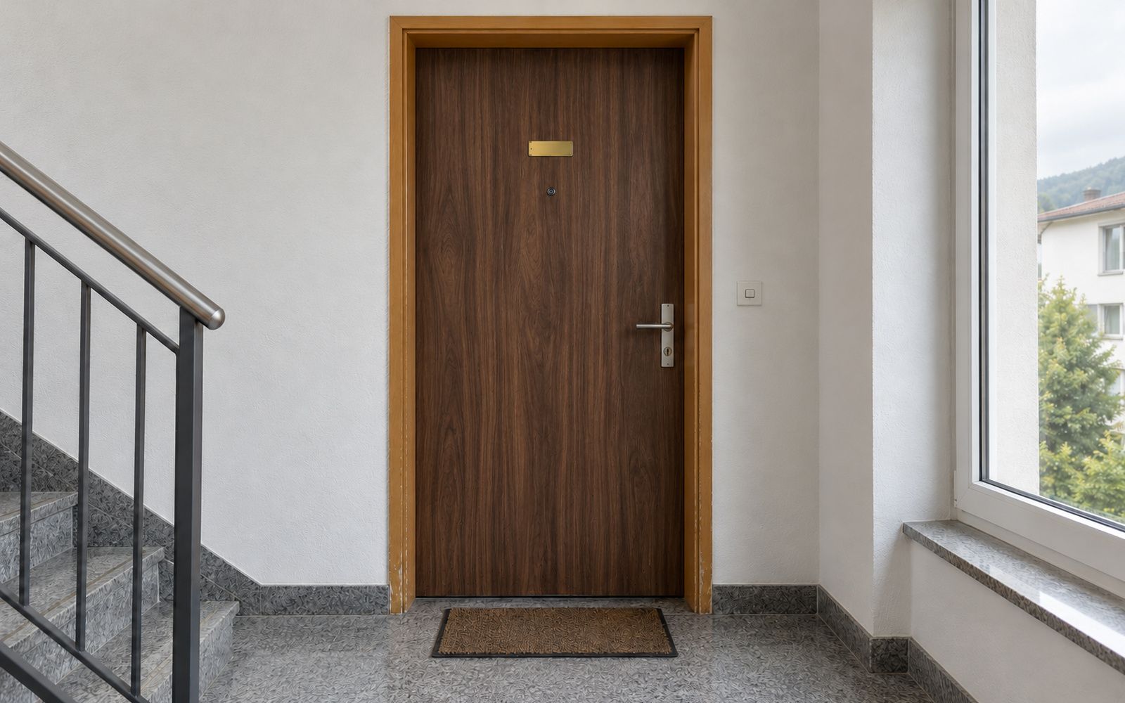 Dieselbe Wohnungstür nach der Folierung in Nussbaum