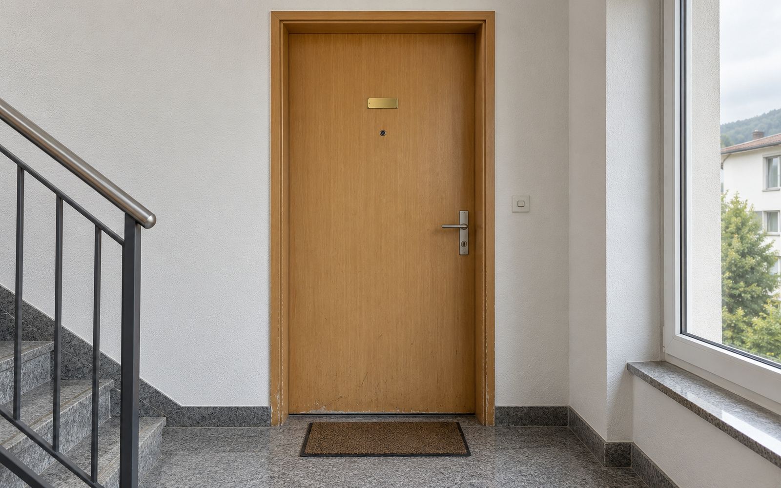 Wohnungstür im Treppenhaus, abgestossenes Furnier